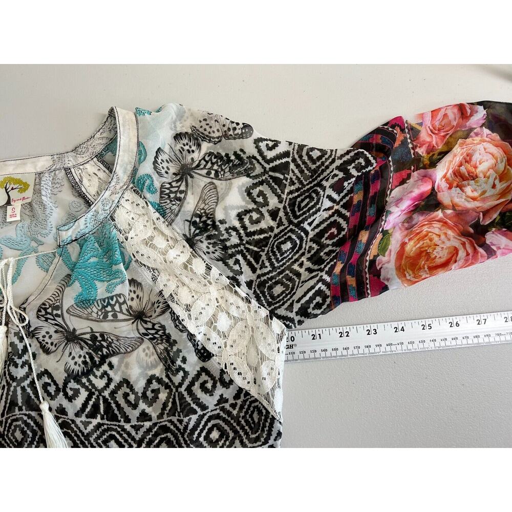 Fig And Flower Floral Butterfly Top Womens Size Small Tassel Lace Cottage Boho - Picture 6 of 10